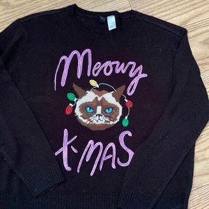 Black cat Christmas sweater meow kitty holiday medium